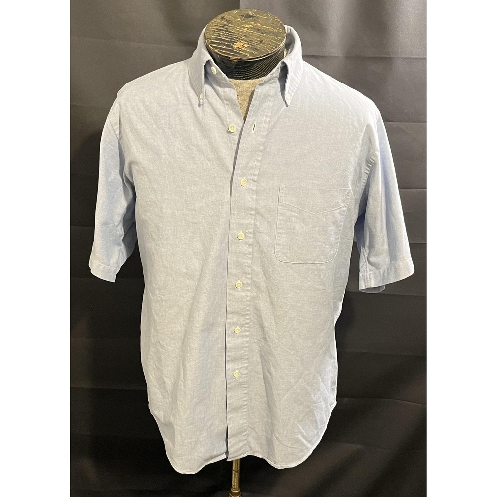 LL Bean Shirt Mens 16 Blue Short Sleeve Button Down Oxford Cotton Blend Casual